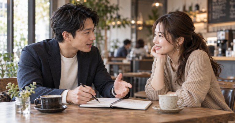 ENTJタイプの彼氏と落ち着いて向き合い話し合う女性の写真