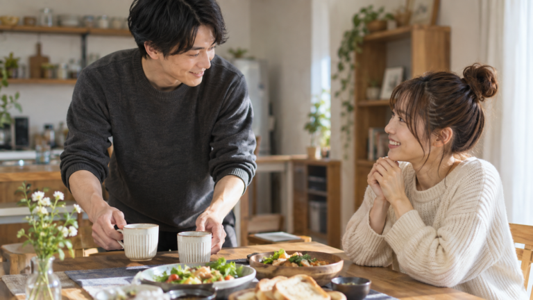 明るいリビングで恋人の話を笑顔で聞く男性の写真