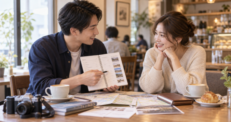 手帳を広げて二人の予定をきちんと書き込みながら微笑む、きちんとした身なりの人物の写真