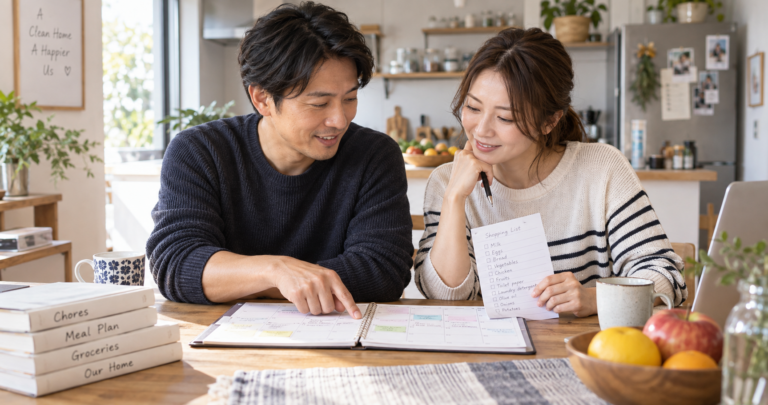 手帳を几帳面に整理するスーツ姿の男性と、その隣で相性を確認するように微笑む女性の写真