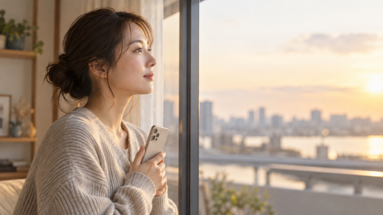 1年前に別れた元彼のことを考えながら窓辺でスマートフォンを見つめる女性の横顔