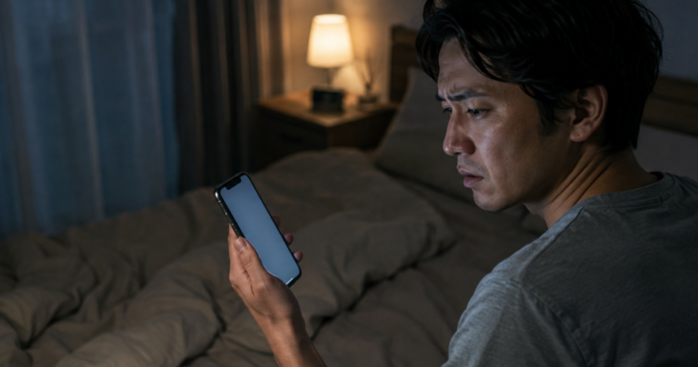 彼女が浮気する夢を見て目が覚め、不安な表情でスマートフォンを見つめる男性の写真