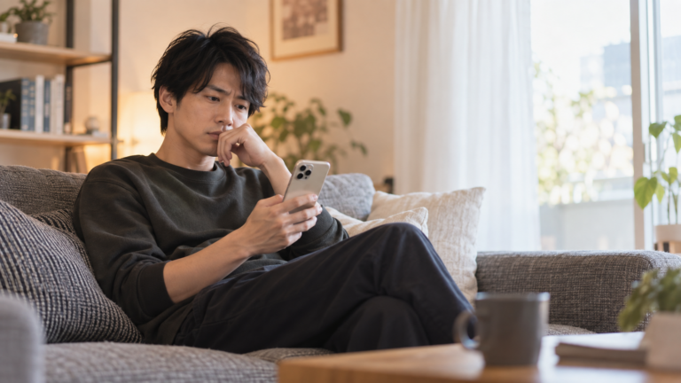 スマートフォンを見つめながら彼女との関係に不安を感じている男性の写真