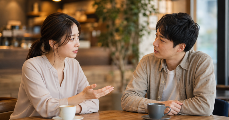 敬語で話す彼女と、その様子を気にかけている男性が向き合って会話している写真
