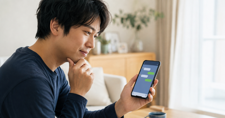 思わせぶりな態度をとる女性の真意がわからず、スマートフォンのLINE画面を見つめて考え込む男性の写真