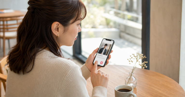 スマートフォンの画面を見つめながら考え込む女性の後ろ姿のイラスト