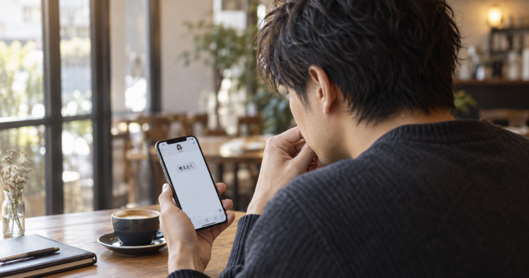 「考えとく」と言われて表情を曇らせながらスマートフォンの画面を見つめる女性の写真