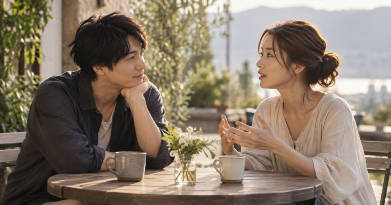 INFJの彼女の話にじっくり耳を傾けながら向き合う男性のイメージ