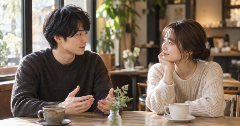 カフェでINFPタイプの彼氏と静かに向き合い会話をする女性の写真