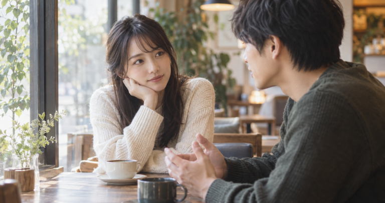 静かなカフェの窓際で、彼氏の言葉にじっと耳を傾けながら物思いにふける理想主義的な女性の写真