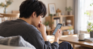 スマートフォンの画面を眺めながら少し考え込むような表情を見せる、物静かな雰囲気の男性の写真
