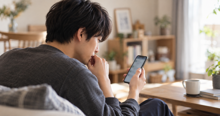スマートフォンの画面を眺めながら少し考え込むような表情を見せる、物静かな雰囲気の男性の写真