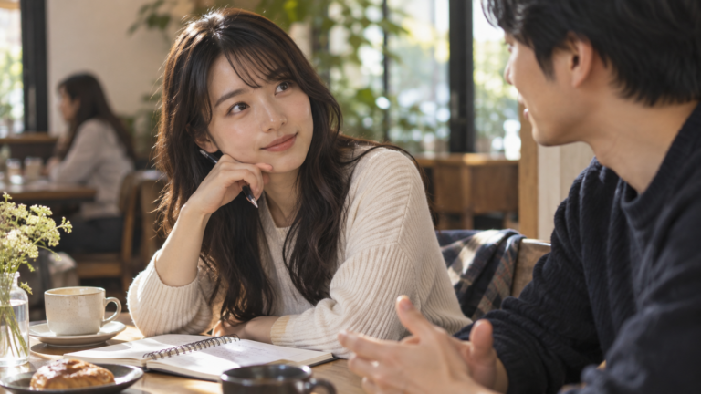 静かな部屋で恋人と将来について話す、知的で落ち着いた女性の写真