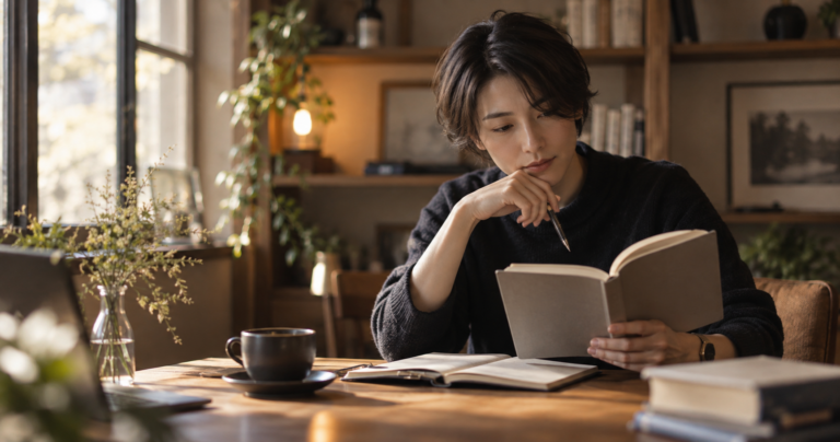 ノートパソコンの前で静かに考え事をしながらコーヒーを飲む、落ち着いた雰囲気の人物の写真