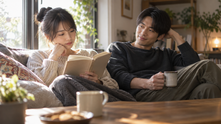 静かなカフェで本を開きながら恋人と会話する女性の写真