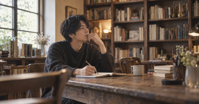 本に囲まれた静かな部屋で、じっと考え込みながらノートに書き込む知的な雰囲気の人物の写真