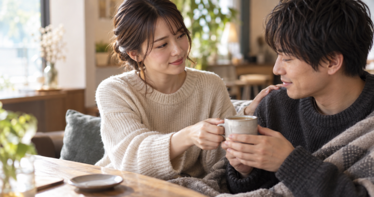 彼氏にそっと気遣いを差し出しながら、安心した表情で微笑む面倒見の良い女性の写真