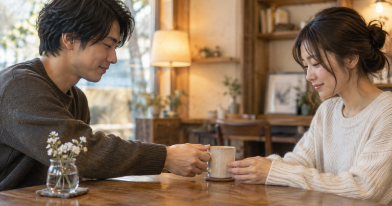 静かにお茶を用意しながら隣にいる彼氏と、穏やかな時間を過ごす女性の写真
