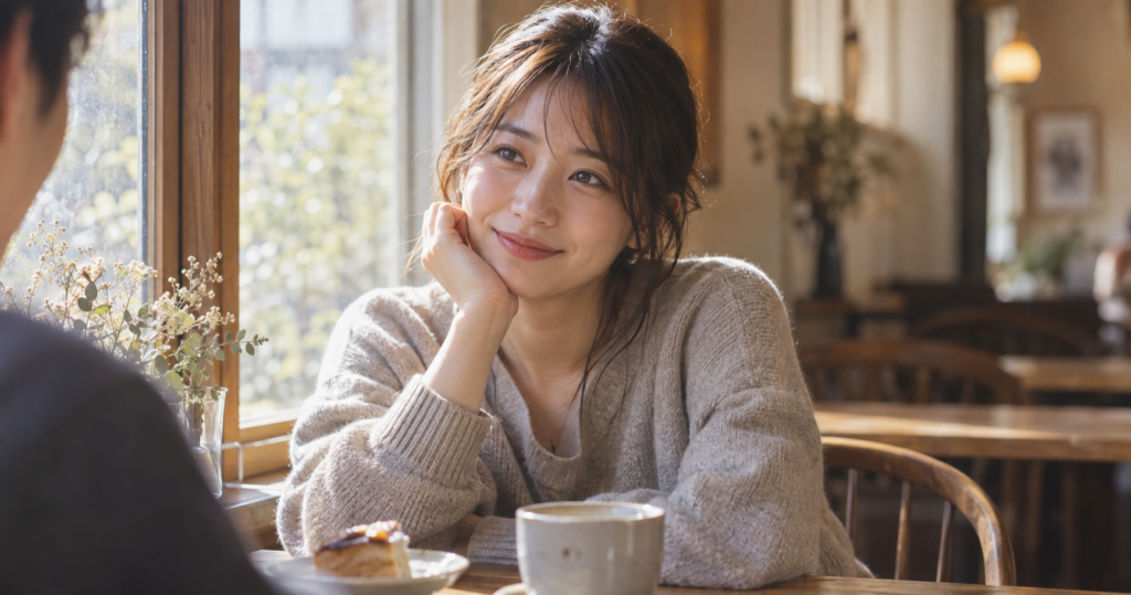 自然光の差し込む静かなカフェで、彼氏の話にゆったりと耳を傾けながら微笑むマイペースな女性の写真