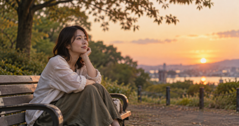 夕暮れの静かな場所で、自分の感覚を大切にしながら物思いにふけるマイペースな人物の写真