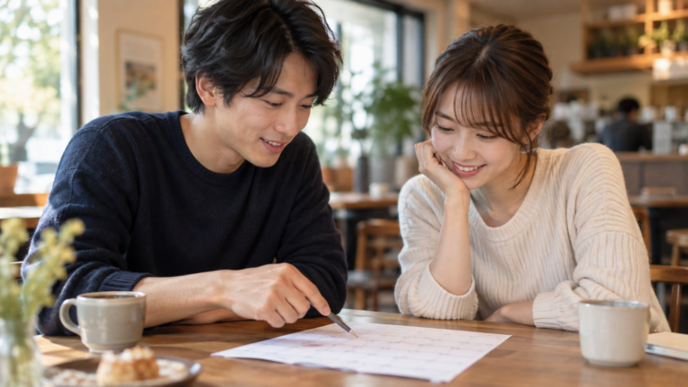 自然光のカフェで相手の話を穏やかに聞くISTJをイメージした人物の写真