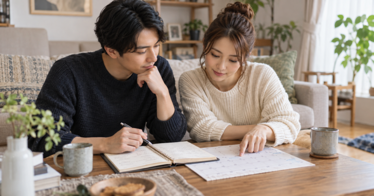 テーブルを挟んで落ち着いた表情で向き合い会話する男女の写真