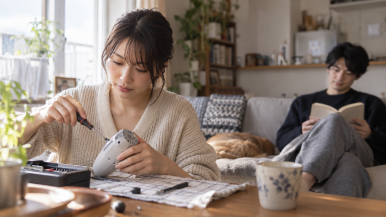 休日に恋人と並んで趣味を楽しむ、自然体の女性の写真