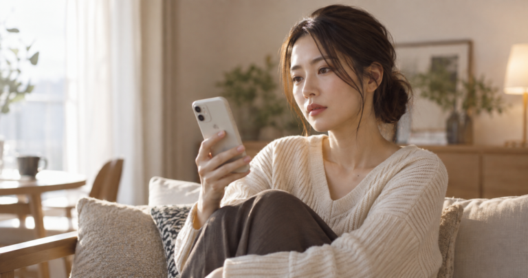 スマートフォンの画面を見て困惑した表情を浮かべる女性の写真