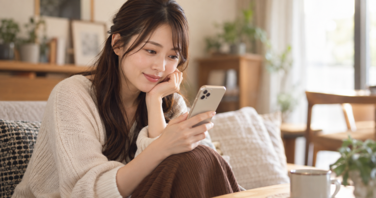 スマホでLINEのやり取りを続けながら微笑む女性の写真