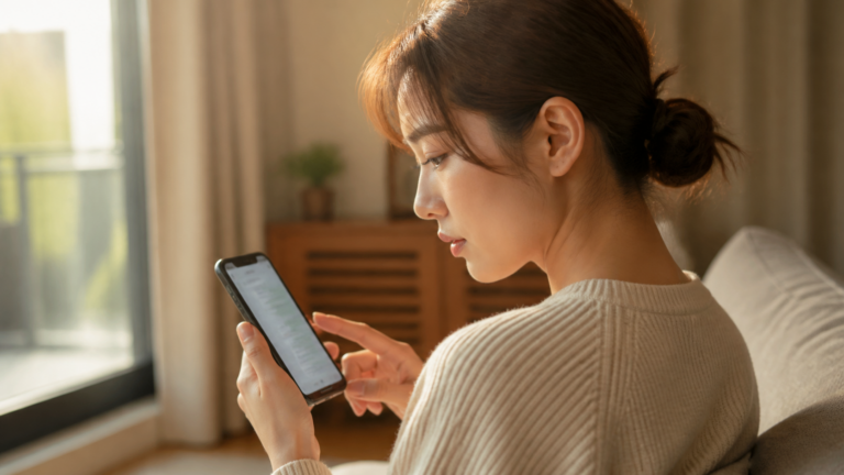 スマホでLINEのメッセージを送るか迷いながら考えている女性の写真