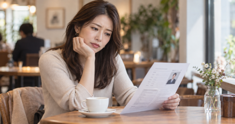 婚活で出会った相手の写真を見ながら気持ちが分からず考え込む女性の様子