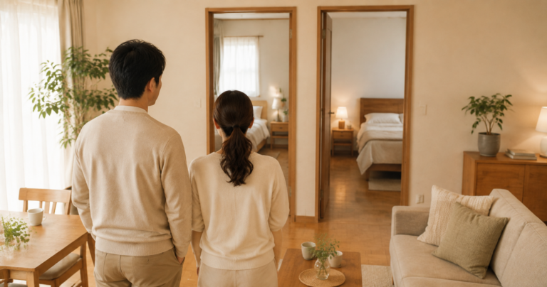 リビングを挟んで並ぶ二つの寝室のドアを見つめる夫婦の後ろ姿の写真