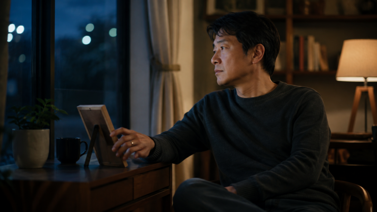 窓の外を眺めながら物思いにふける既婚男性の後ろ姿