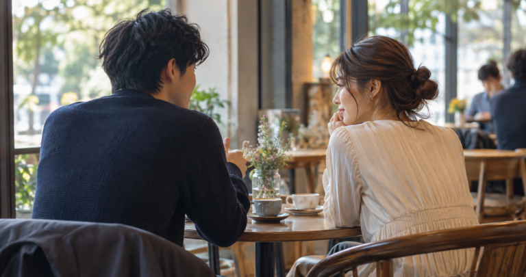 カフェで向かい合って話す男女の後ろ姿の写真