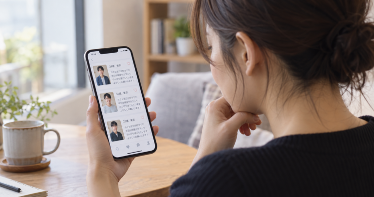 マッチングアプリのプロフィール画面を確認しながら自己紹介文について考える様子のスマートフォン