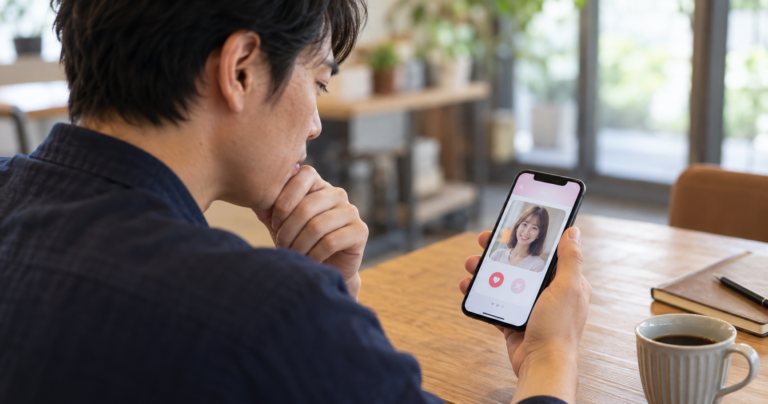 マッチングアプリで女性からのメッセージを確認し戸惑う男性の手元のスマートフォン