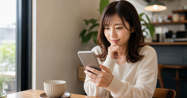マッチングアプリでLINE交換の誘い方を考えながらスマートフォンを見つめる女性