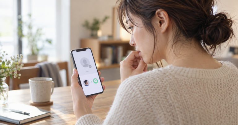 マッチングアプリでLINE交換した相手の退会通知を見て考え込む女性のスマートフォン画面