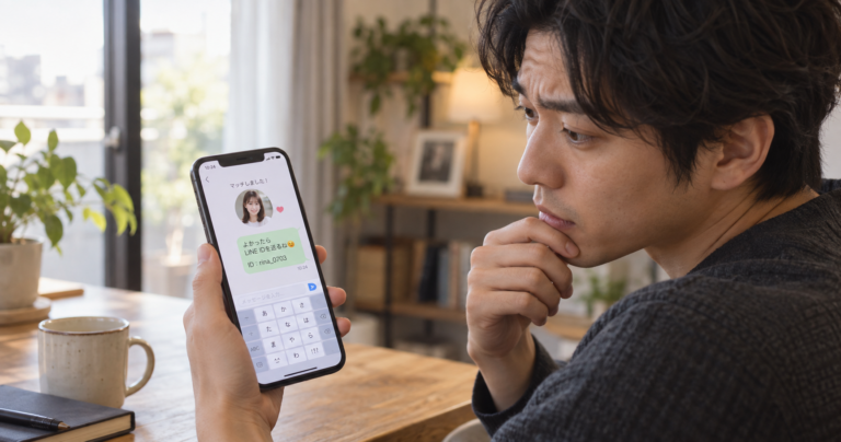 マッチングアプリでLINE IDを受け取り、画面を見つめながら少し考え込む男性の手元のスマートフォン