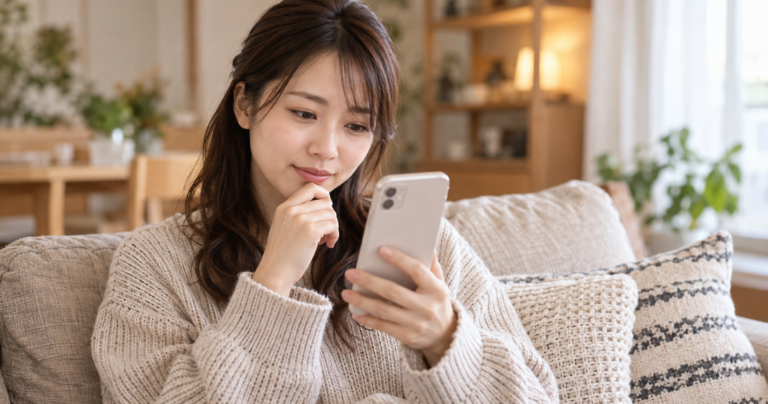 スマホでマッチングアプリのメッセージ画面を眺めながらやり取りの頻度を考える女性の写真