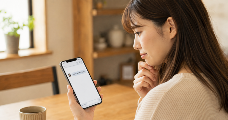 マッチングアプリで届いた「すぐ会いたい」というメッセージを見て、スマートフォンを持ちながら戸惑う女性の写真