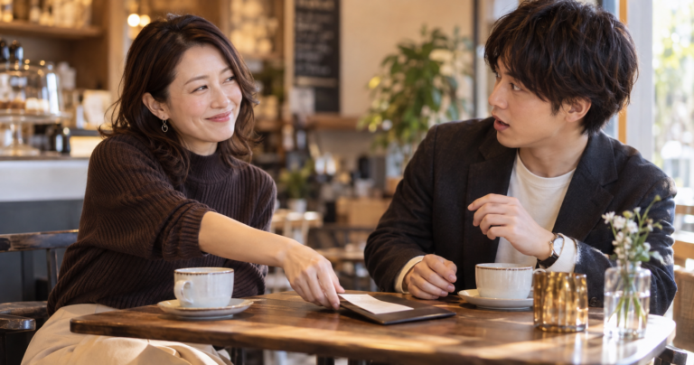 年上彼女と楽しそうに会話する年下彼氏のカップルの写真