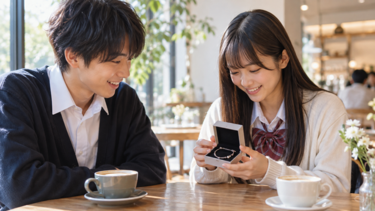 放課後の明るいカフェで高校生カップルが小さなアクセサリー箱を見る写真