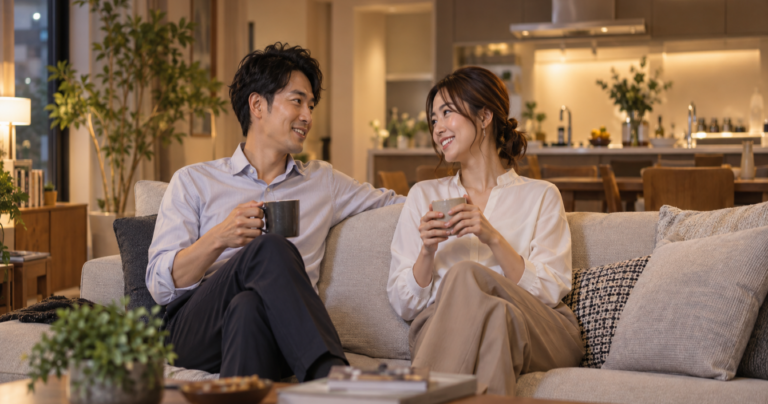 共働きで笑顔を見せ合う男女のカップルが、リビングで会話しながらくつろいでいる様子