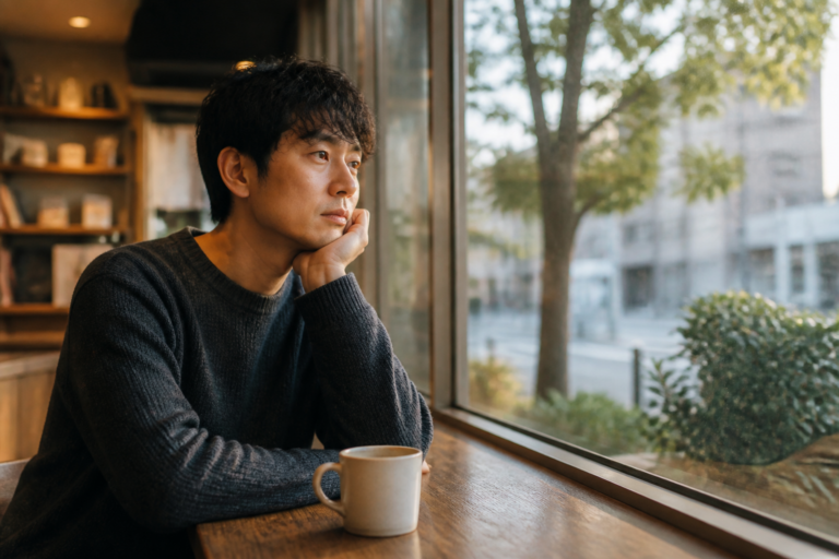 別れたあと、窓の外を見つめながら後悔の表情を浮かべる男女のイラスト