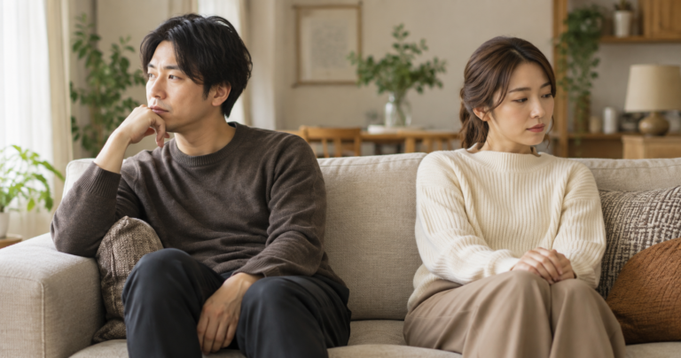 会話が減り気まずい雰囲気でソファに並んでスマホを見るカップルの写真