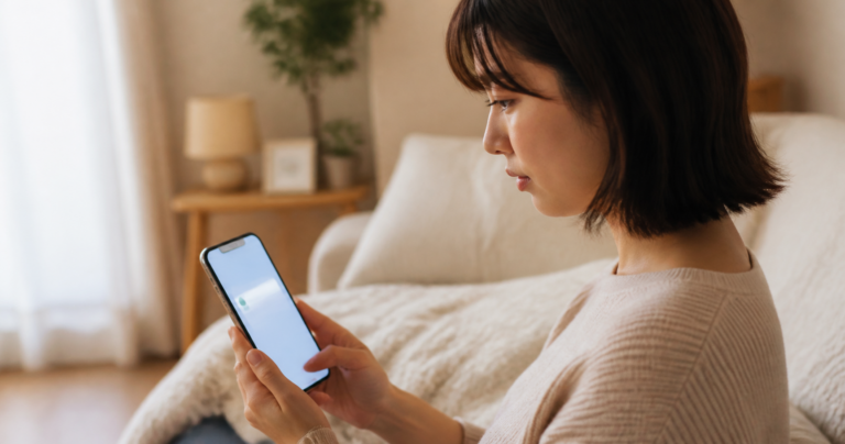 スマホの通知を見て複雑な表情を浮かべる女性、元恋人からの連絡に戸惑う様子