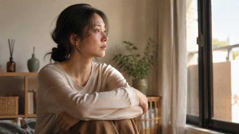 別れを告げたあと、一人で窓の外を見つめ涙ぐむ表情の女性の写真