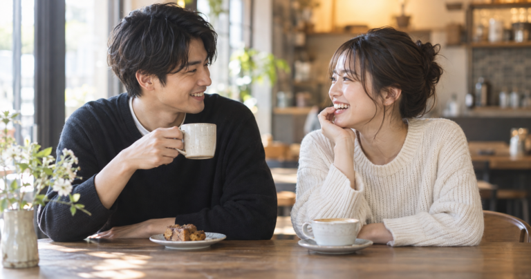 同い年の男女がカフェで対等な雰囲気で楽しそうに話しているカップルの写真
