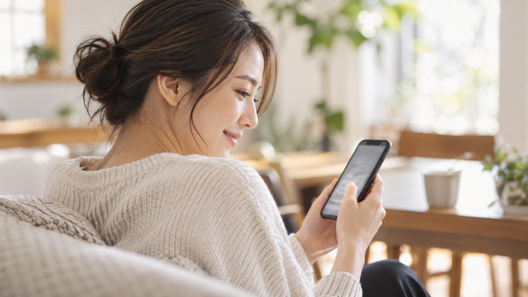 スマホの画面を見ながら微笑む女性の写真